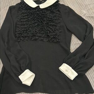 100% silk Black Ruffle Front Long-Sleeve Top with White Collar